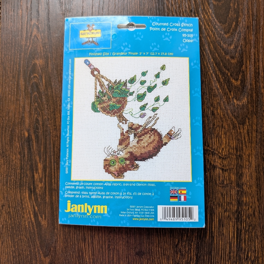 Janlyn Gary Patterson Oops Swinging Plant Cat Cross Stitch Kit NOS